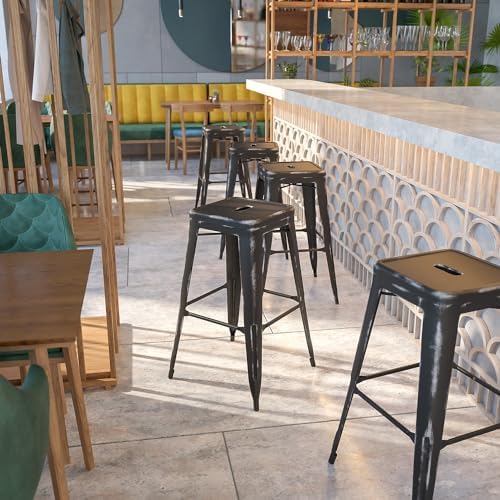 Flash Furniture 30 in Backless Metal Barstool, Distressed Black - Image 2