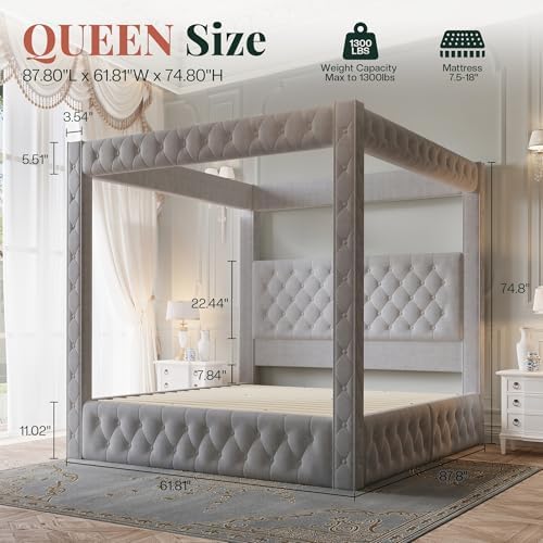 Jocisland Queen Canopy Bed Frame Velvet Upholstered Headboard - Image 2