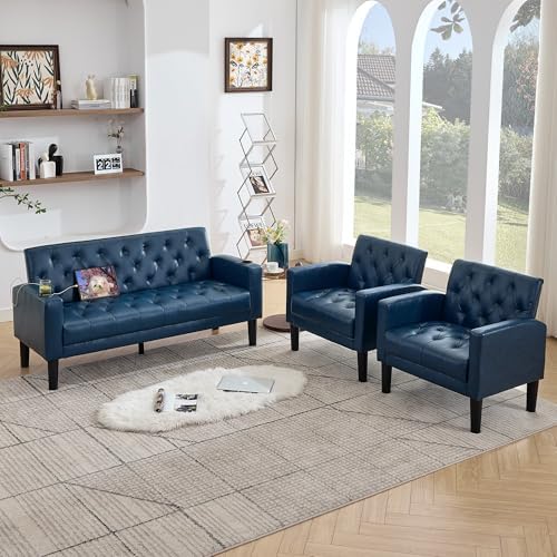 62'' Blue Leather Loveseat Sofa Set - Image 2