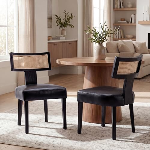 VESCASA Mid Century Modern Rattan Dining Chairs Set of 2, Upholstered Leather by VESCASA