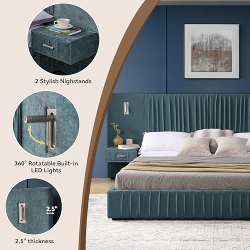 King Size Bed Frame with LED Lights and Nightstands, Modern Chenille - Image 4