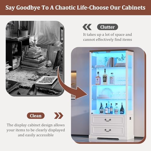 TAGELIER Display Cabinet with Glass Doors and LED Lights, 2 Drawers - Image 6
