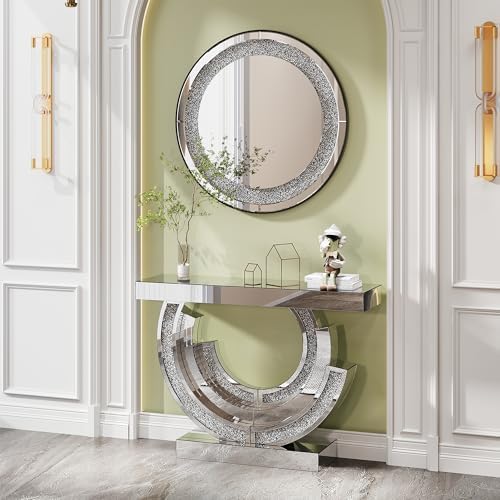 3C-Shaped Silver Mirrored Console Table and Round Wall Mirror Set, 2 Piece - Image 3