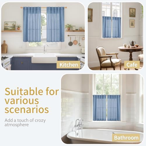 YoungsTex Blue Linen Kitchen Window Curtains 36 Inch Long 2 Panels - Image 2