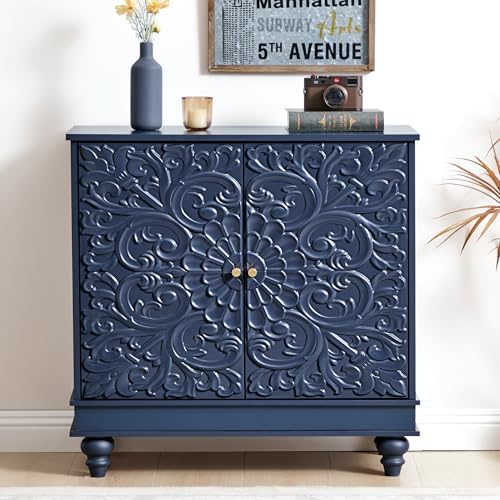 31" Accent Storage Cabinet, Floral Embossed 2 Door Sideboard, Midnight Blue by WelcometoFurnitureSalon