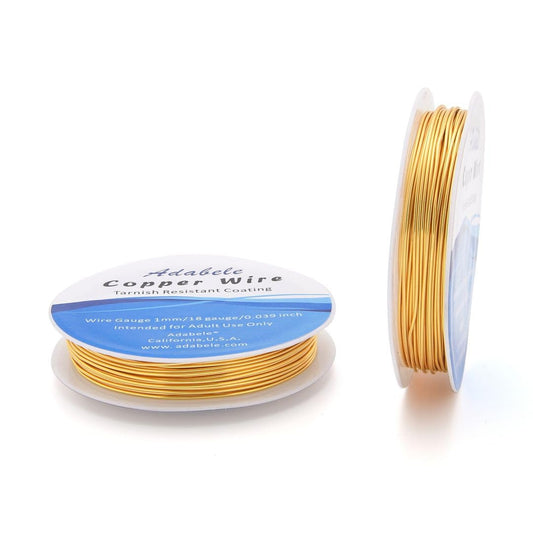 Adabele 32 Feet Premium Tarnish Resistant Round Jewelry Wire Copper Beading Wire Spool Bulk (1mm/18 Gauge) 18K Gold Plated for DIY Craft Jewelry Making BF286-10