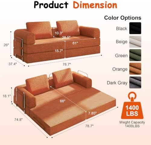 78" Convertible Sofa Bed, Corduroy Pull Out Couch - Image 2