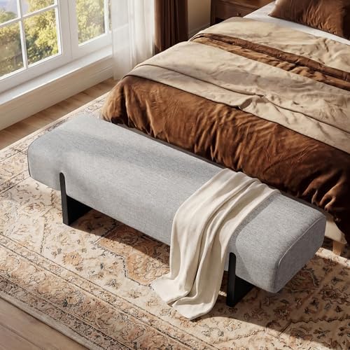 Upholstered End of Bed Bench, Solid Wood Legs & Grey Linen Fabric - Image 5
