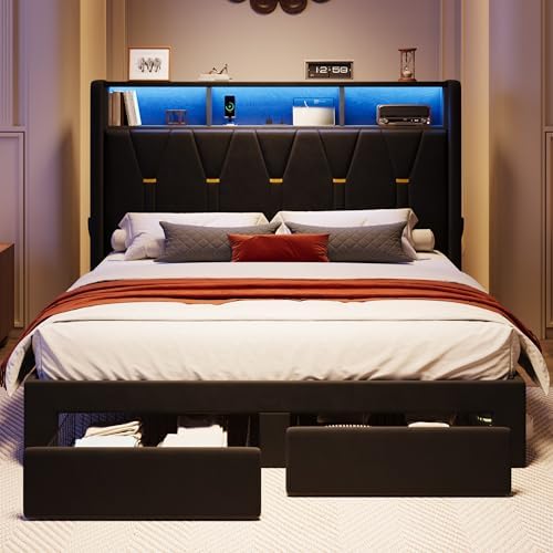SHA CERLIN Queen Bed Frame, 2 Storage Drawers & 2-Tier Storage Headboard - Image 3