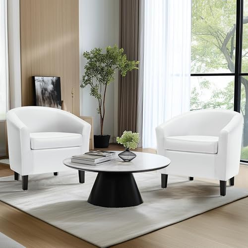 Yaheetech Accent Chairs Set of 2, Faux Leather Barrel Armchairs White - Image 2