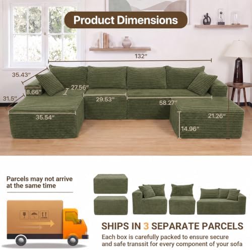 Claiks 132" Boneless Couch, U-Shape Corduroy Sectional Sofa - Image 2