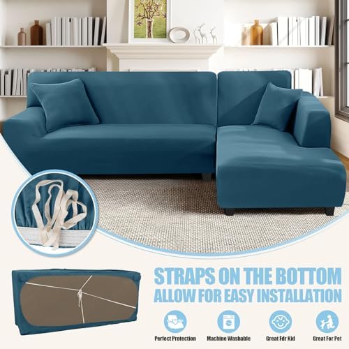 KinCam Sectional Couch Covers Stretch L Shape Sofa Covers, Peacock Blue - Image 3