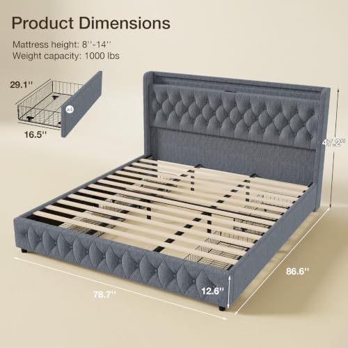 King Size Bed Frame, 4 Storage Drawers, Charging Station - Image 2
