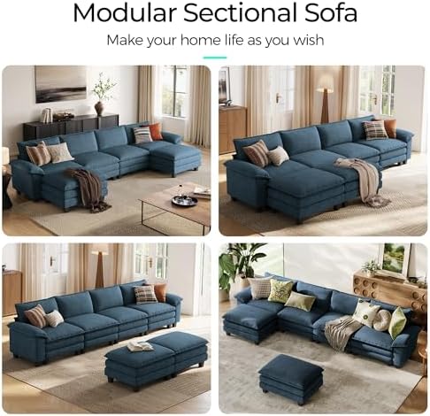 LINSY HOME 157'' Modular Sectional Sofa Blue Couch Corduroy Cloud Couches - Image 6