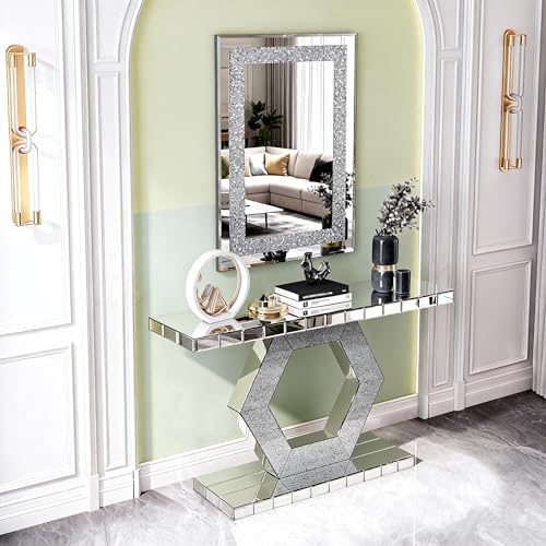 Hexagon Silver Mirrored Console Table and Wall Mirror Set, 2 Piece Silver - Image 3