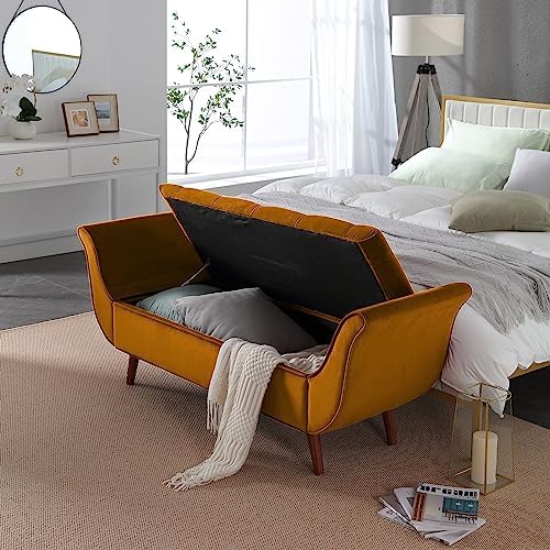 Storage Bench for Bedroom End of Bed, Velvet Upholstered Rolled Armed Button - Image 3