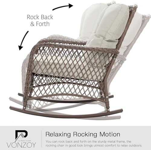 Patio Furniture Set 3 Pieces, Wicker Outdoor Rocking Bistro Set, Pale White - Image 4