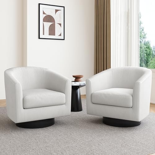 Pia Ricco Set of 2 Corduroy 360° Swivel Barrel Accent Chair Beige - Image 3