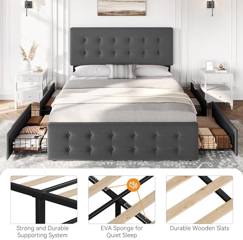 IDEALHOUSE Full Bed Frame with 4 Storage Drawers and Headboard, Dark Grey - Image 6