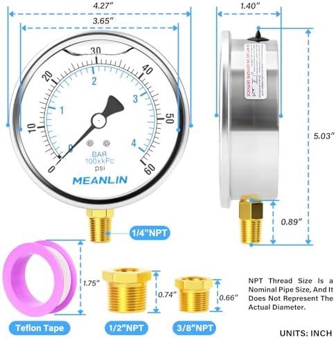 MEANLIN MEASURE 0~60Psi Stainless Steel 1/4" NPT 4" FACE DIAL Liquid Filled - Image 2
