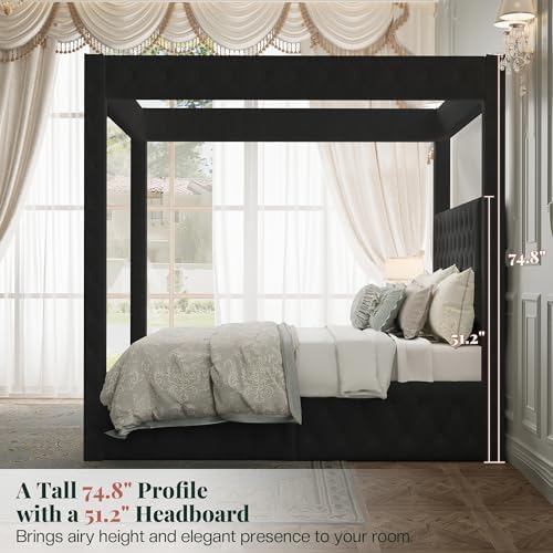 Jocisland Queen Canopy Bed Frame Velvet Upholstered Headboard - Image 4