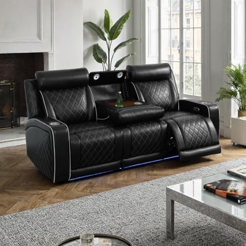 Power Recliner Set with LED Lights, Quilted Air Leather Reclining Set with USB by Unknown