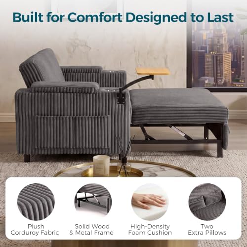 LINSY HOME 3-in-1 Pull Out Sofa Bed, 360° Swivel Table, Storage Armrests - Image 6