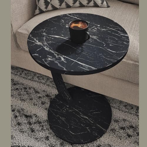 C Shaped End Table for Couch Small Places, Faux Marble Black Space Saver Round - Image 6