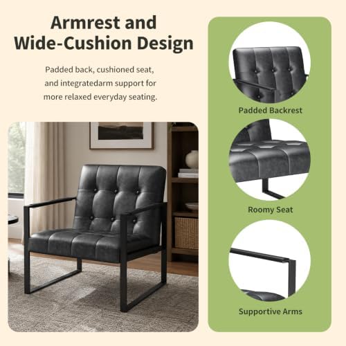 Black Leather Accent Chair, Mid Century PU Leather Armchair - Image 6