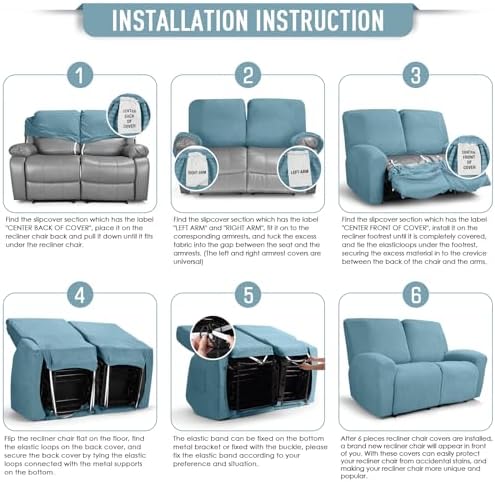 TAOCOCO Stretch Loveseat Recliner Covers 6 Piece, Dusty Blue - Image 6