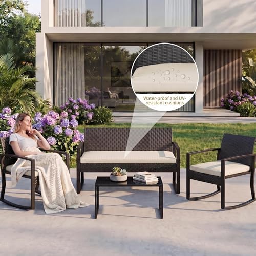 IDEALHOUSE 4 Piece Outside Patio Furniture Set, Outdoor Wicker Rocking Chair - Image 4