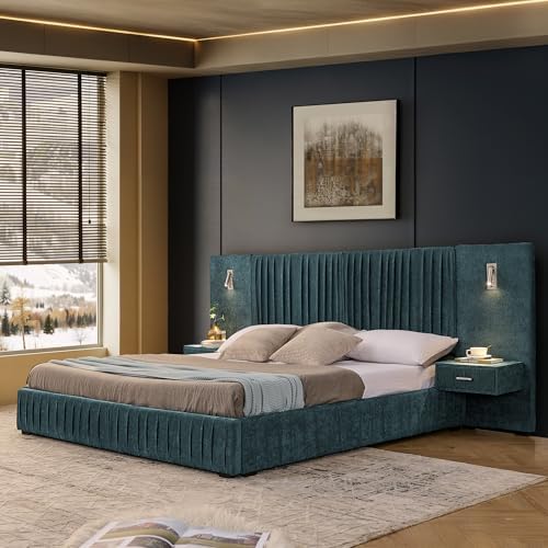 King Size Bed Frame with LED Lights and Nightstands, Modern Chenille by Kolavess