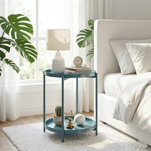 TeoKJ 2 Tier Round Side Table, Folding Round Metal End Table Small Nightstand - Image 2