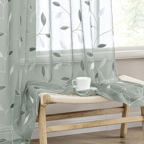 MIULEE Sage Sheer Curtains 2 Panels Embroidered Leaf Patterned, W52 x L96 by MIULEE
