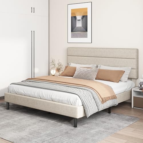 King Platform Bed Frame with Adjustable Linen Fabric Upholstered Headboard - Image 7