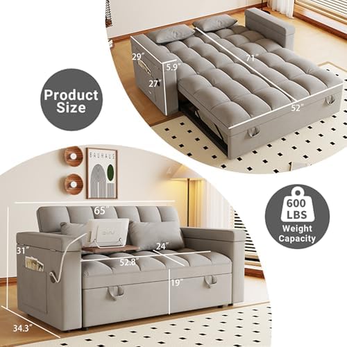 3 in 1 Convertible Sleeper Sofa, 65in Sleeper Couch - Image 2