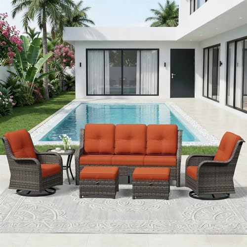 6 Piece Outdoor Wicker Patio Furniture Set, Outdoor Swivel Rocker Patio Chairs by Gardenbee