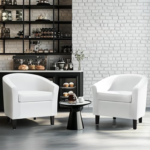 Yaheetech Accent Chairs Set of 2, Faux Leather Barrel Armchairs White - Image 4