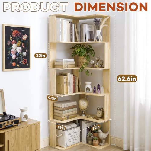 RUNSUNSPRI Tall Corner Bookshelf, 6-Tier Solid Wood L-Shaped Corner Shelf - Image 2