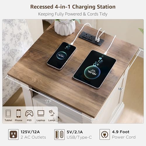 Farmhouse Nightstand with Charging Station 18"Wood End Table w/Roman Column - Image 4