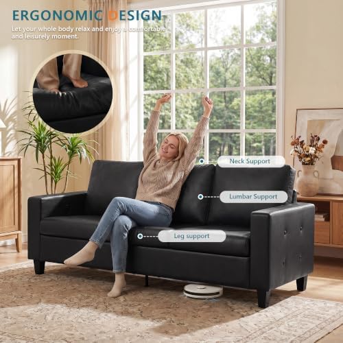 STHOUYN 73” Black Faux Leather Sofa, 3 Seater Couch - Image 4