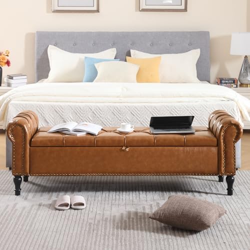 Faux Leather Storage Bench for Bed Room 67 Inch Upholstered Tufted Ottoman Bench - Image 4