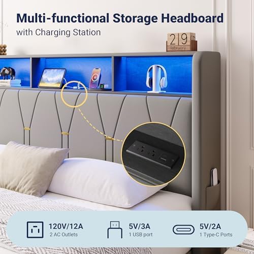Allewie Full Bed Frame with 2-Tier Storage Headboard, Charging Station & LED - Image 5
