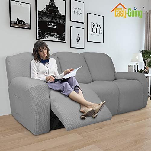 Easy-Going 8 Pieces Recliner Couch Stretch Sofa Slipcover Light Gray - Image 2