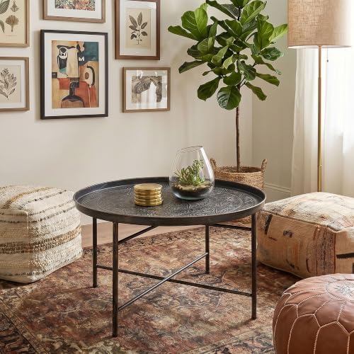 HOMCOM 24" Hammered Round Coffee Table Vintage Metal Side Table Pewter - Image 7