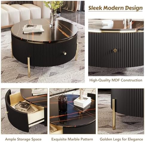 31.5" Coffee Table with 2 Storage Drawers, Round Side Table, Circle Accent - Image 6