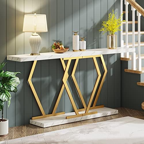 Tribesigns 70.9 Inch Extra Long Sofa Table， White and Gold Console Table - Image 4
