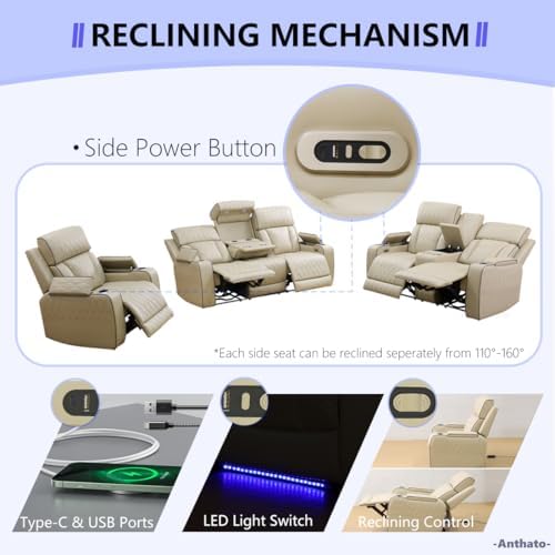 Leather Power Recliner Loveseat, Living Room Furniture Sets, Home Theater - Image 4