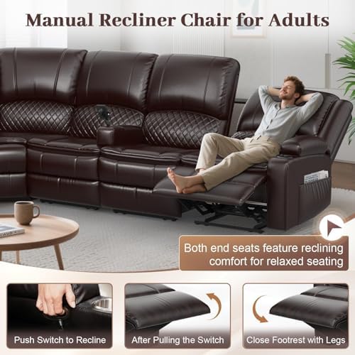 Manual Reclining Sectional Sofa Set, 5 Seats 1+1+3 Leather Reclining - Image 6