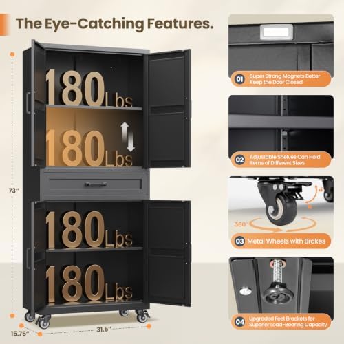 Black Metal Kitchen Storage Pantry Cabinet Rolling Garage Storage Cabinet - Image 3